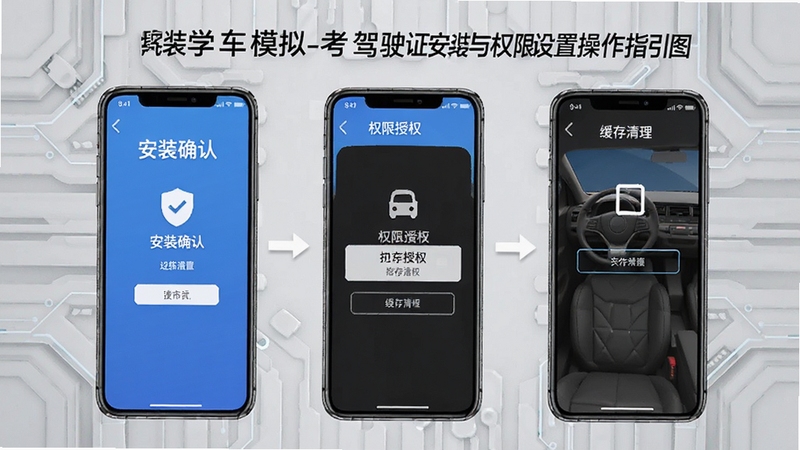 学车模拟-考驾驶证安装与权限设置操作指引图,画面展示手机屏幕依次呈现安装确认、权限授权、缓存清理等步骤界面,背景区域为浅灰色科技纹理,整体风格简洁实用