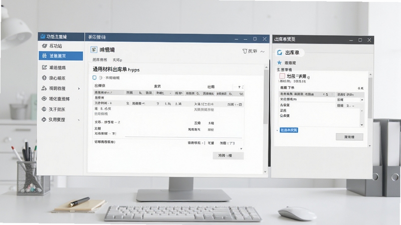 软件主界面全貌,画面中央是通用材料出库单打印系统的单据编辑区,左侧为功能导航栏,右侧为出库单预览窗口,背景为浅灰色办公桌面,整体风格简洁商务,适合软件下载站展示图