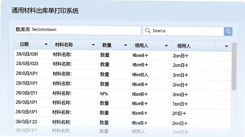 通用材料出库单打印系统的数据查询界面,画面中显示一张表格,列出多条历史出库记录,包含日期、材料名称、数量、领用人等列,用户正在用搜索框筛选数据,背景为淡蓝色调,界面整洁