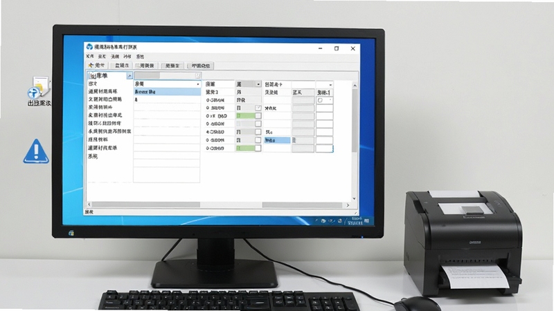 通用材料出库单打印系统在Windows电脑上的运行界面,画面显示软件窗口正常打开,出库单数据完整显示,电脑桌面背景简洁,旁边放着一台标签打印机,整体画面传递安全稳定的使用感受