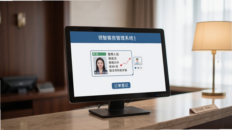 领智客房管理系统 订单登记页面 身份证识别 前台办理入住 酒店场景 写实风格 柔和光线 居中构图
