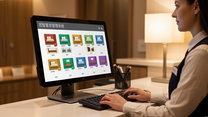 领智客房管理系统 房态管理界面 彩色房间图标 酒店前台人员操作电脑 现代简约风格 细节清晰 暖色调