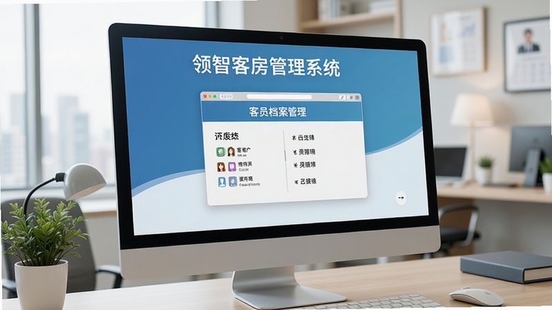 领智客房管理系统 客户档案管理 会员信息卡片 电脑屏幕展示 酒店办公室 清新商务风格 高清晰度