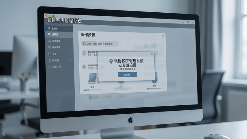 领智客房管理系统 安装设置界面 电脑屏幕 操作步骤 提示框 现代软件界面 清晰细节 冷灰色调