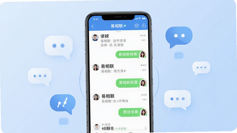 易相联软件主界面展示,画面中心为一部智能手机,屏幕显示易相联聊天列表界面,背景为柔和的浅蓝色渐变,周围点缀简约的聊天气泡图标,整体风格清新现代,突出即时通讯主题