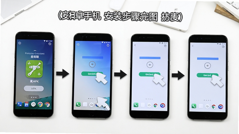 易相联安卓手机安装步骤示意图,画面展示手机屏幕从下载APK到点击安装完成的四个步骤缩略图,背景为白色桌面,旁边有箭头指引,风格简洁直观,突出安装教程主题