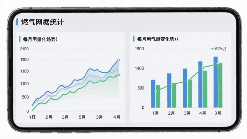 ȼ�����Ϲܼ���������ͳ��ҳ�棬�ֻ���Ļչʾ����ͼ����״ͼ����ʾÿ���������仯���ƣ�����Ϊ����ɫ������壬ͼ��������������ɫ����ɫ����ɫΪ�����������ݿ��ӻ������ܷ���������Booguģ������