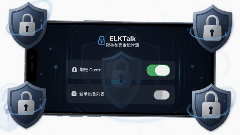 ELKTalk ��˽��ȫ���ý��棬�ֻ���Ļ��ʾӦ���������ܿ������¼�豸�б�������Ϊ��ɫ��ȫ���⣬��Χ�ж���������ͼ�꣬�������ؿɿ���ͻ����˽�������ܣ����� Boogu ģ������