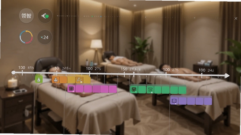 ����spa��������ϵͳ ���ӽ�����д������չʾһ������ʱ���ᣬ�����в�ͬ��ɫ�ļ�ʦ״̬��������Ϊģ���İ�Ħ���䣬������רҵ������ͻ��ʱ������ĸ�Ч��