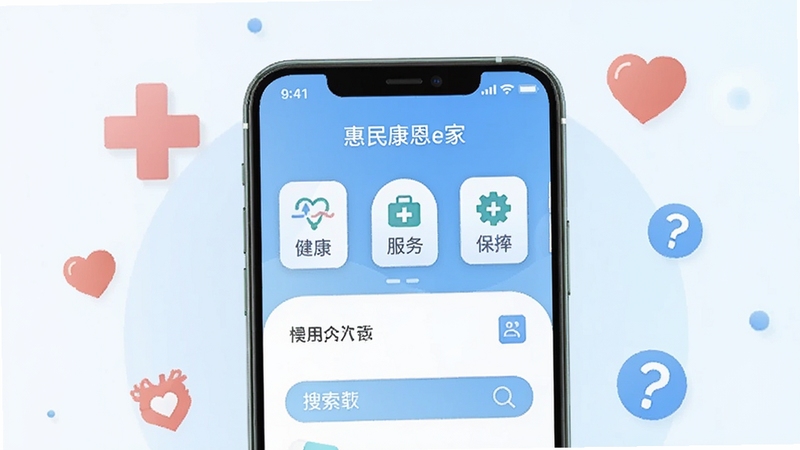 画面中央是一部竖屏智能手机,屏幕显示惠民康恩e家应用首页,首页有健康服务图标和搜索栏,背景是柔和的浅蓝色渐变,周围环绕着医疗十字、爱心、问号等简约图标元素,整体风格清新明亮,扁平化插画设计,适合作为软件下载页展示图