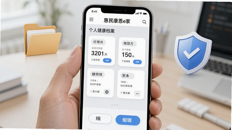 手机屏幕显示惠民康恩e家的个人健康档案页面,有卡片式信息展示和编辑按钮,背景是白色和浅灰色搭配,画面中有文件夹和盾牌图标元素,体现信息管理的安全感和条理性