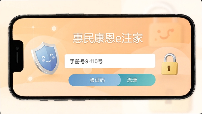 手机屏幕展示惠民康恩e家注册页面,有手机号输入框和验证码按钮,背景是淡橙色渐变,画面中有盾牌和安全锁图标,风格简洁友好,突出注册流程的安全与便捷