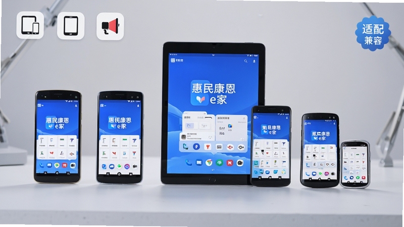 多部不同尺寸的安卓手机和平板并排展示惠民康恩e家应用界面,背景是浅灰色工作室桌面,画面中有设备图标和适配标识,整体风格科技感十足,突出多端兼容特性