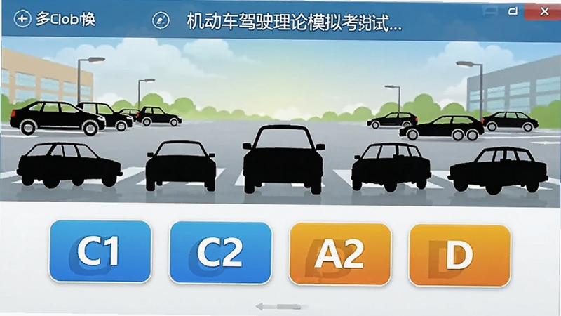 ��������ʻ����ģ�⿼�����������л����ý��棬��������ʾC1��C2��A2��D�ȳ���ѡ�ť������Ϊͣ�����Ͳ�ͬ�����ļ�Ӱ��ɫ��������ͻ���೵��֧���ص�