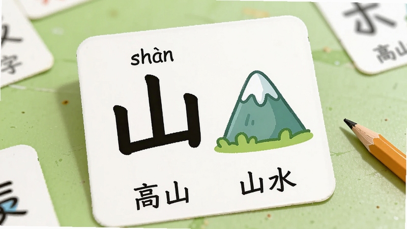 简单识字百字汉字卡片学习界面特写,画面主体为一张放大的汉字卡片,卡片上写着大字“山”,配有拼音“shān”和一座卡通山峰插图,卡片下方有组词“高山”“山水”,背景是浅绿色桌面,旁边散落着几张小卡片和一支铅笔,整体风格清新童趣