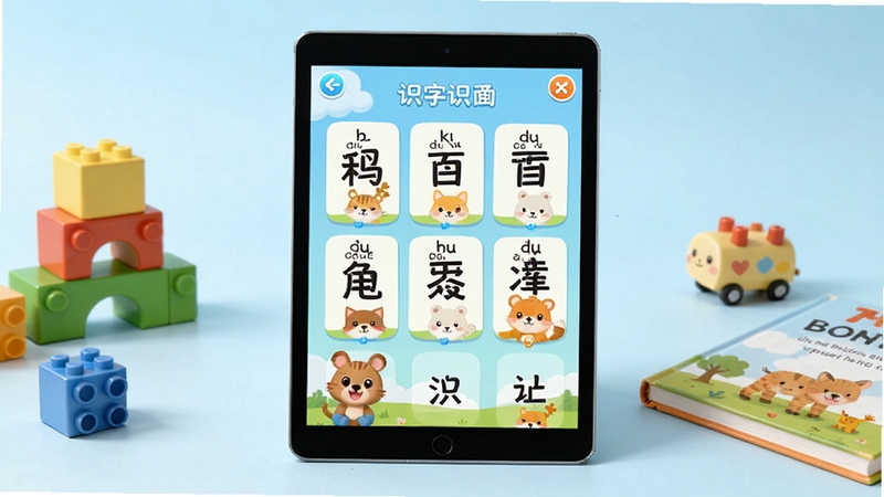 一款儿童识字软件的主界面全景展示,画面中央是一块竖屏平板设备,屏幕上显示简单识字百字的卡通风格首页,有汉字卡片、拼音标注和可爱的动物插图,背景区域为柔和的浅蓝色渐变,四周散落着彩色积木和绘本,整体氛围温馨明亮,适合幼儿教育场景