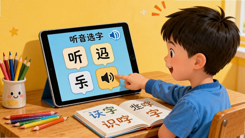 简单识字百字趣味识字游戏场景,画面中一个小男孩坐在书桌前,平板上显示“听音选字”游戏界面,屏幕上有四个汉字选项和一个喇叭图标,男孩手指正指向其中一个选项,桌面上有彩色铅笔和识字本,背景是暖黄色墙面,整体画面活泼有趣