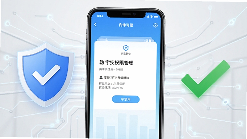 简单识字百字软件安全使用示意图,画面中央是一部手机屏幕显示应用权限管理页面,旁边有盾牌图标和绿色对勾标记,背景是浅灰色科技感线条,整体传达安全可靠的使用印象