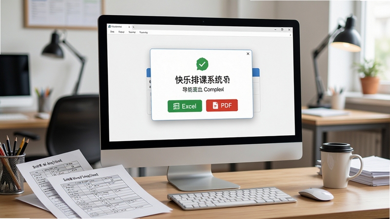 快乐排课系统导出功能演示画面,电脑屏幕上显示着排课完成的提示弹窗,下方有导出为Excel和PDF的按钮选项,旁边散落着几张打印好的课表纸张,整体画面充满办公气息