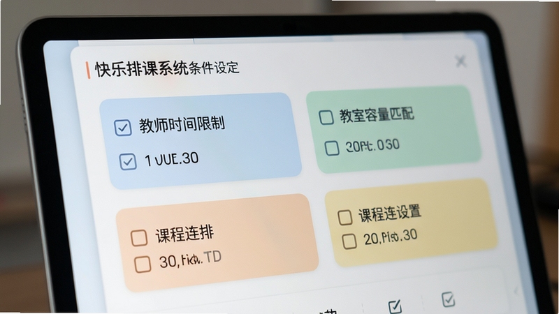 快乐排课系统条件设定面板特写,屏幕上展示着多个可勾选的排课规则选项,如教师时间限制、教室容量匹配、课程连排设置等,界面采用卡片式布局,配色柔和清晰
