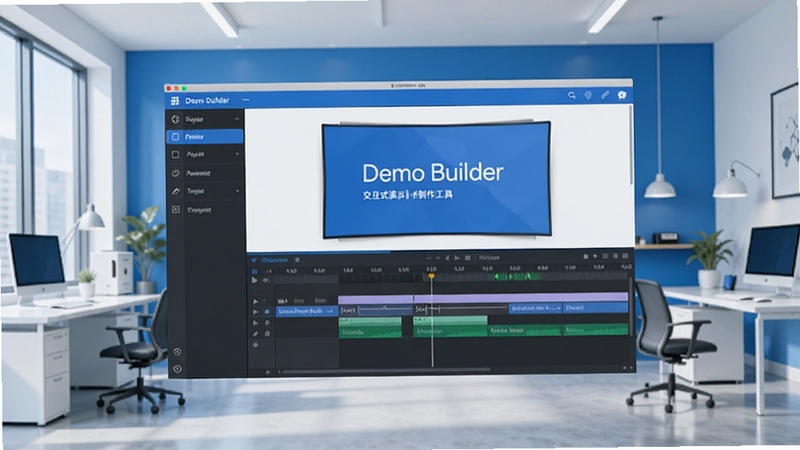 Demo Builder 交互式演示制作工具主界面全景图,画面中央展示软件操作界面与时间轴编辑区域,背景为简洁的现代办公环境,色调以蓝白为主,突出专业与易用感