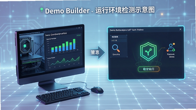 Demo Builder 运行环境检测示意图,画面展示电脑硬件配置与软件兼容性检查界面,背景为科技感浅色网格,突出稳定运行的重要性