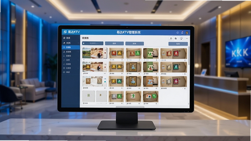 一张展示易达KTV管理系统软件界面的全景图,画面主体位于中央,显示着明亮的收银台界面与包厢状态网格,背景区域是现代化的KTV前台环境,灯光柔和,色调以科技蓝和暖金色为主,画面风格简洁商务,分辨率高清,细节丰富,突出软件的易用性与专业感