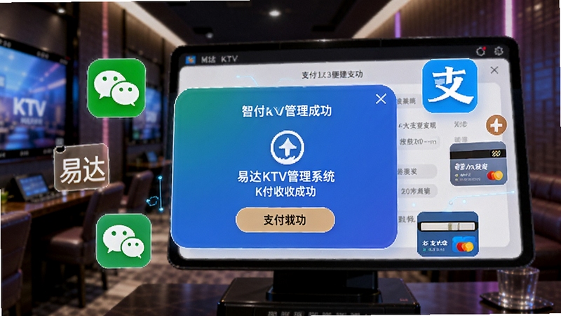 一张AI生成的图片,展示易达KTV管理系统的智能收银界面,画面主体是一个悬浮的支付成功弹窗,周围环绕着微信、支付宝、银行卡等支付图标,背景区域是模糊的KTV包厢走廊,画面风格具有科技感和未来感,色彩鲜艳,突出便捷支付的主题