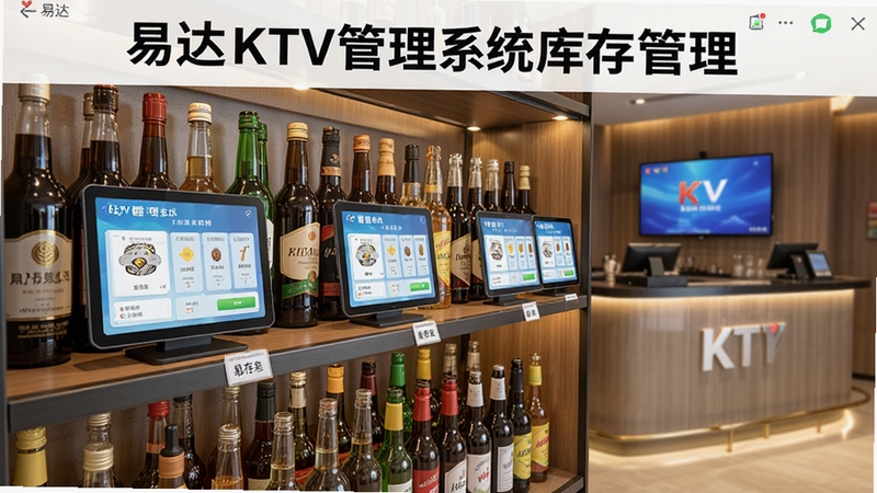 一张展示易达KTV管理系统库存管理模块的图片,画面主体是整齐排列的酒水货架与数字化的库存标签,背景区域是KTV吧台,画面风格写实清晰,光线明亮,突出库存管理的井然有序