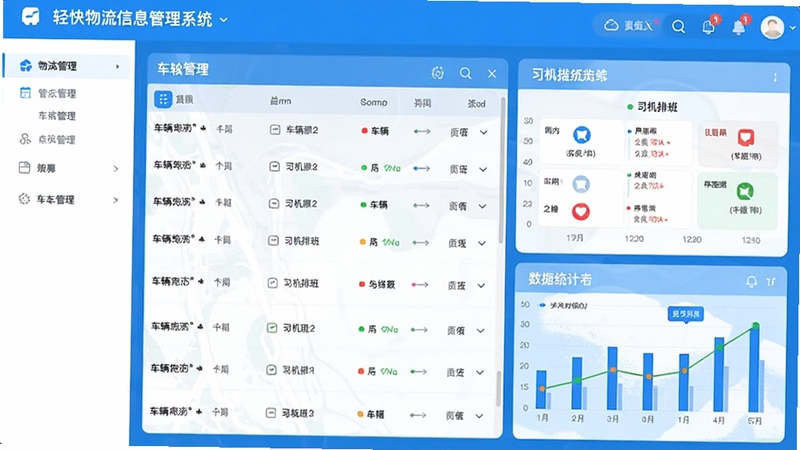 轻快物流信息管理系统车队管理后台界面,展示车辆列表、司机排班与数据统计图表