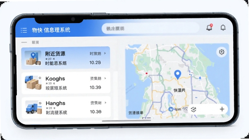 轻快物流信息管理系统智能接单界面展示,手机屏幕显示附近货源列表与地图定位,蓝白色调简洁风格