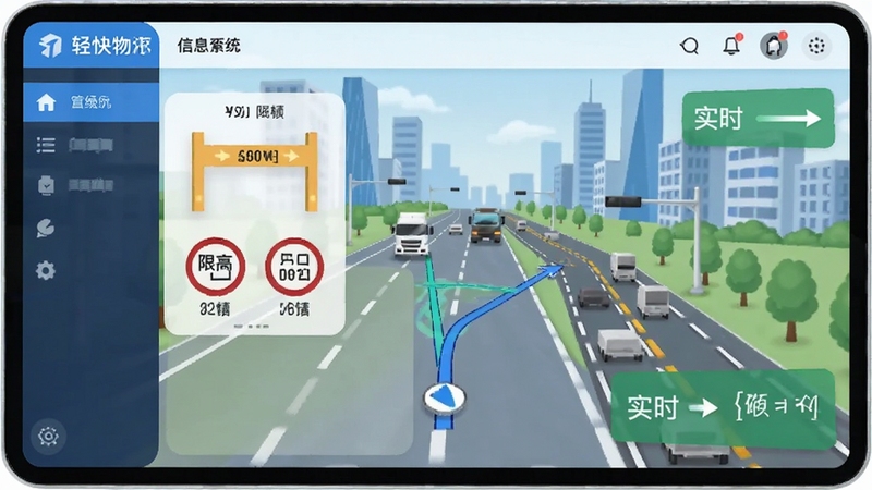 轻快物流信息管理系统货车导航界面,显示限高限重提示与实时路况,城市道路背景