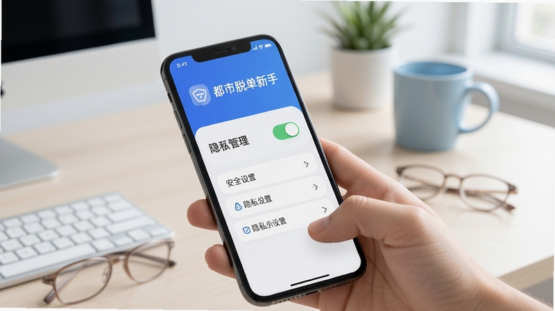 都市脱单新手设置权限界面示意图,手机屏幕显示权限管理开关与隐私设置选项,背景为简约办公桌面,色调清爽,突出安全设置的重要性