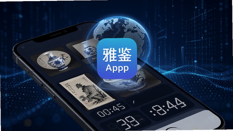 雅鉴拍卖平台全球拍场实时竞价界面展示,手机屏幕中呈现多件瓷器书画拍品缩略图与倒计时数字,背景为深蓝色科技感数据流,画面中心为雅鉴App图标悬浮于地球上方,光线柔和,细节清晰,适配Boogu模型生成