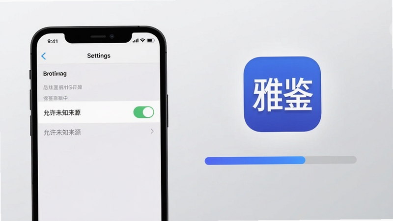 雅鉴App移动端安装步骤示意图,画面左侧展示手机设置界面中“允许未知来源”开关,右侧为雅鉴图标安装进度条,背景为浅灰色渐变,图标高亮,风格简洁扁平化,适配Boogu模型生成