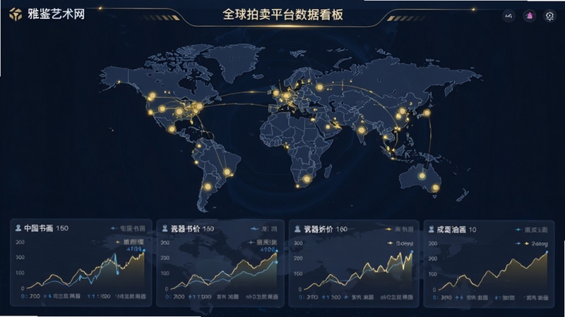 雅鉴艺术网全球拍卖平台数据看板界面,屏幕中央显示世界地图与拍卖行坐标光点,下方滚动展示中国书画、瓷器、油画等品类成交价折线图,配色以深蓝与金色为主,科技感与艺术感融合,适配Boogu模型生成