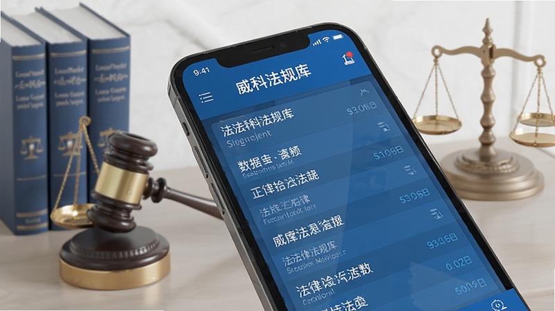 威科法规库 手机应用界面展示 法律法规检索结果列表 专业法律数据库 蓝色调商务风格 书籍与天平元素 高清细节 现代扁平化设计