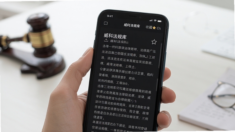 威科法规库 离线阅读功能展示 手机屏幕显示法律条文 下载箭头图标 收藏星标 深色模式界面 舒适阅读体验