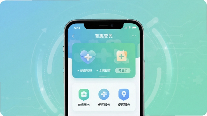 普惠全民APP主界面展示,画面中央为手机屏幕,屏幕上显示健康管理卡片与便民服务图标,背景为柔和蓝绿色渐变,带轻微科技感光晕,整体风格清新简洁,适配Boogu模型生成,alt=