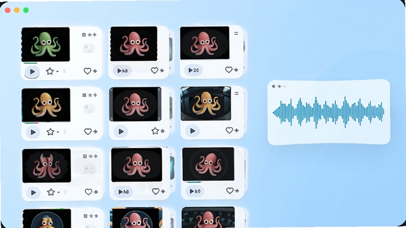 章鱼音效助手海量音效素材库界面展示图,画面主体为分类清晰的音效卡片列表,每个卡片带有播放按钮与收藏图标,背景为浅蓝色渐变,右侧悬浮实时音频波形图,整体视觉清新明快