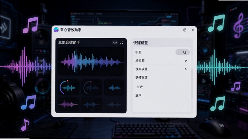 软件核心全貌展示图,画面中央为章鱼音效助手软件主界面,界面内展示音效面板与快捷键设置区域,背景为深色科技感直播场景,周围环绕跳动的音频波形与音符图标,整体风格现代简洁,适合作为软件下载站头图使用
