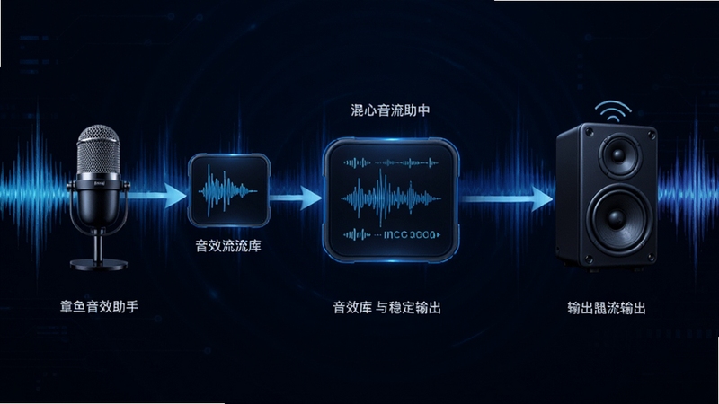 章鱼音效助手实时音频混流处理示意图,画面中央为音频信号从麦克风与音效库汇入混流核心再输出至扬声器的流程,背景为深色科技蓝,配以动态声波纹理,体现低延迟与稳定输出的技术特征