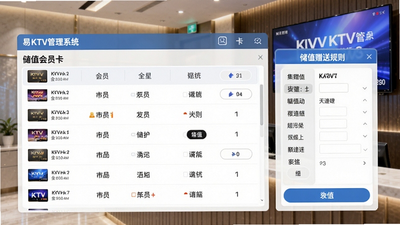 ����KTV����ϵͳ��Ա��ֵ��Ӫ������ý��棬��������Ϊ��Ա���б��봢ֵ���͹�����壬����ΪKTVǰ̨���Ա���񳡾�������������������ϸ��