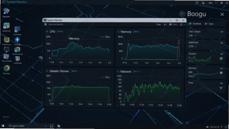 һ��չ��EF System Monitor�����������ȫ��ͼ������������������ϵͳ����Ǳ��̣���ʾCPU���ڴ桢���̺������ʵʱ����ͼ����������ɫ�Ƽ��������滷��������ɫ��Ϊ������ӫ���̴��䣬����Booguģ������