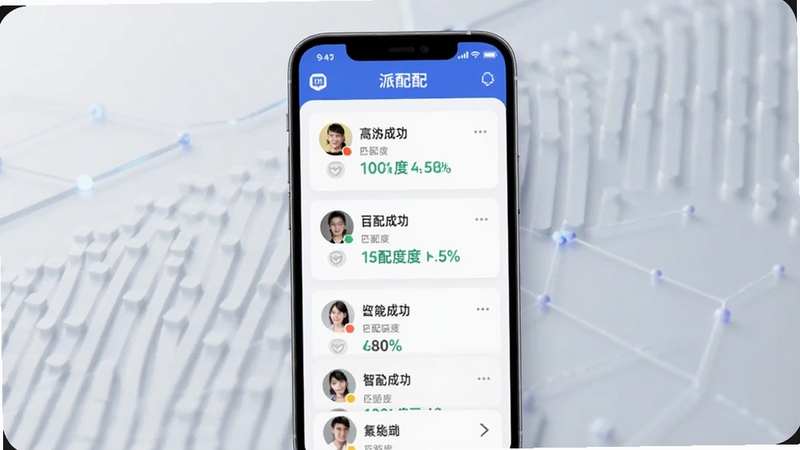 ����������ƥ�书��չʾͼ������������������APP���棬��Ļ����ʾ���ƥ��ɹ��Ŀ�Ƭ�б���ÿ����Ƭ�����û�ͷ����ƥ��Ȱٷֱȣ�����Ϊǳ��ɫ�Ƽ�����������������ͣ����ָ�Ч��׼��ƥ�����