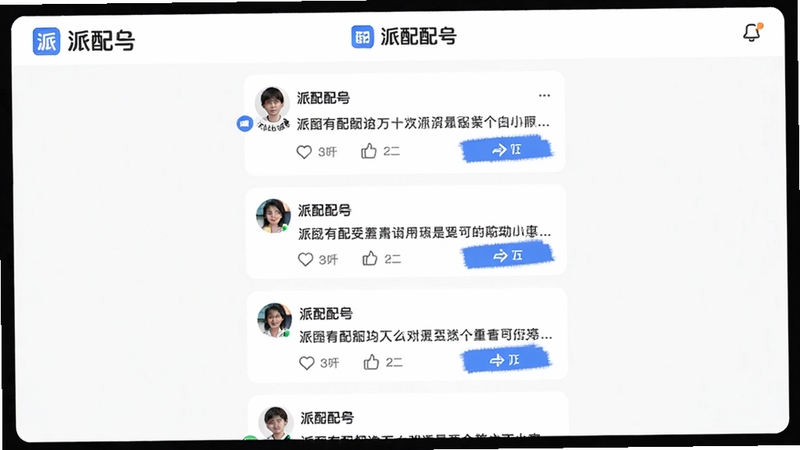 �����䶯̬����ҳ�棬������ʾ������APP�ڵ���Ϣ���б���ÿ����̬�����û�ͷ�����������뻥����ť������Ϊ��ɫ��Ƭ����ǳ��ɫ�ָ��ߣ�������������Logo�����岼����ˬ����