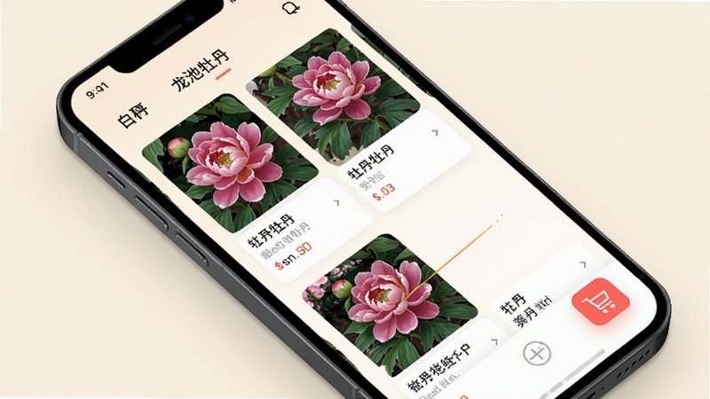龙池牡丹App移动端操作界面展示,手机屏幕显示牡丹商品列表与购物车图标,背景为淡雅米白色,画面简洁明亮