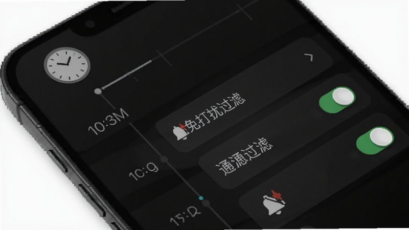 通知聚合软件免打扰设置界面,手机屏幕显示时间轴与通知过滤开关,背景为深色模式,界面元素包括时钟图标和铃铛静音标识,整体风格沉稳专业