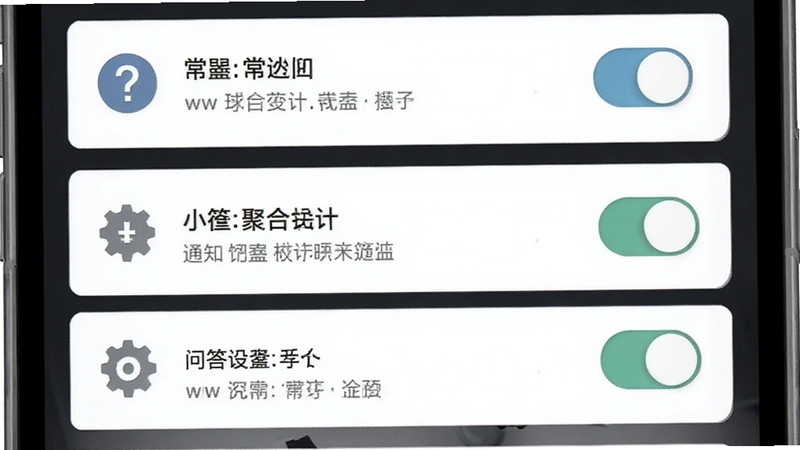 通知聚合软件问答界面示意图,手机屏幕显示常见问题列表与开关按钮,背景为白色卡片式布局,包含问号图标和齿轮设置图标,整体风格清晰易读