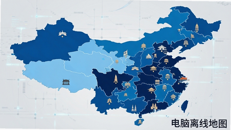 电脑离线地图全国版数据覆盖示意图,画面以中国地图轮廓为主体,各省份用不同深浅的蓝色填充,地图上散布着城市地标图标,背景为浅灰色科技感网格,右下角标注软件名称电脑离线地图,整体呈现数据可视化风格